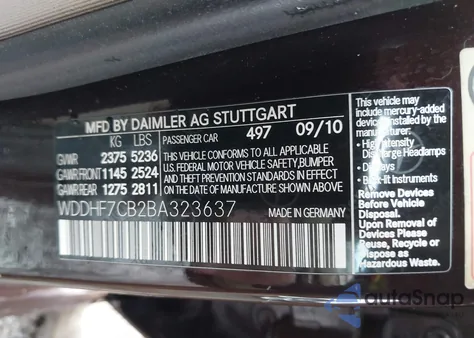 2011 Mercedes-Benz E 550 from USA, damaged, VIN WDDHF7CB2BA323637